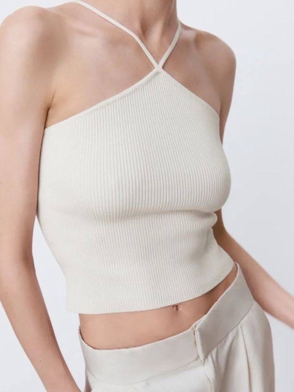 Zara Cream Ribbed Cross-Strap Halter Crop Top